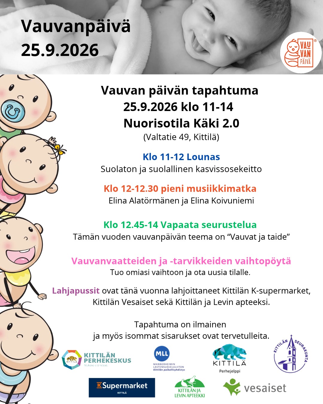 Kuvassa hymyileviä vauvoja, valokuva ja piirros