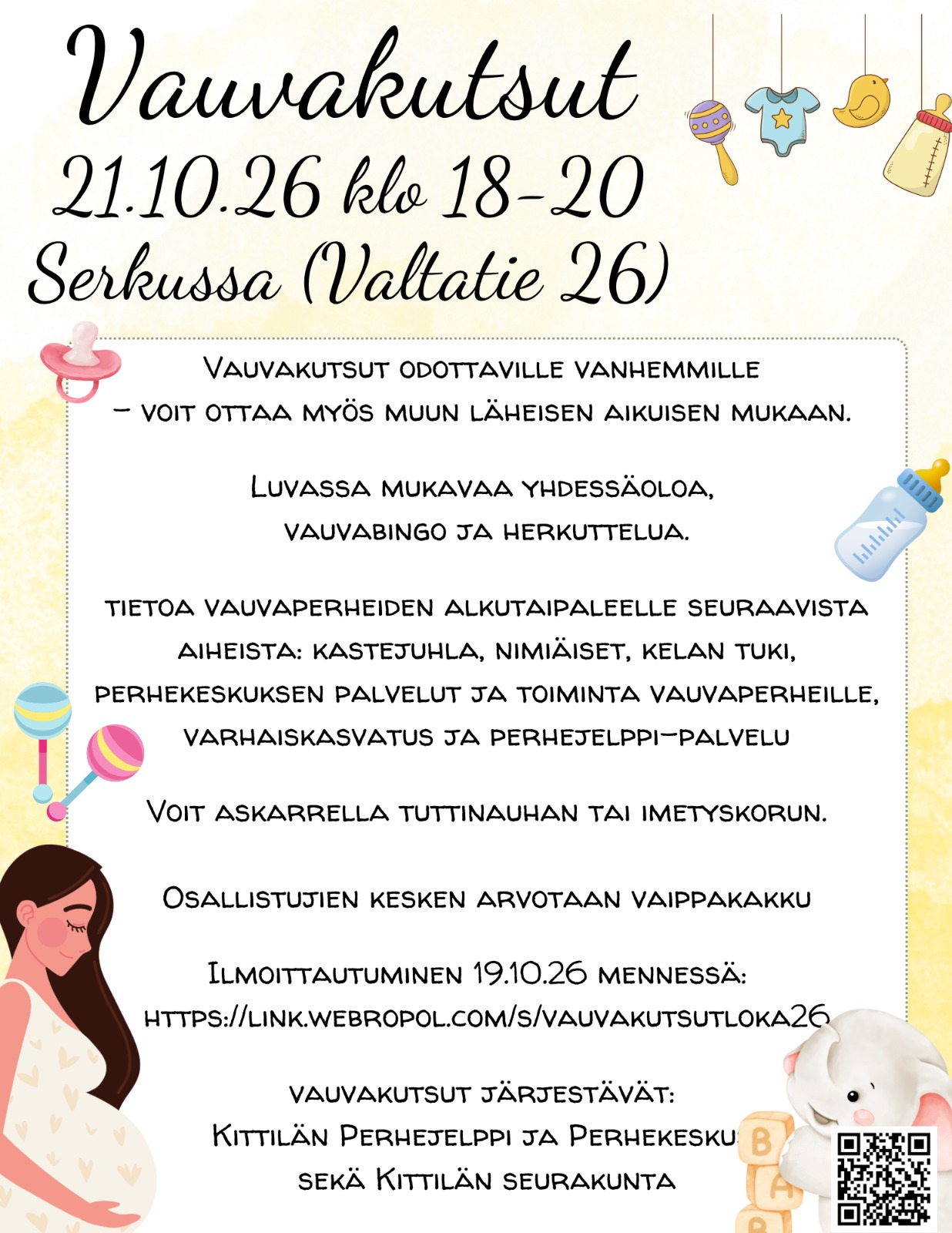 kuvassa odottava äiti, vauvan tarvikkeita